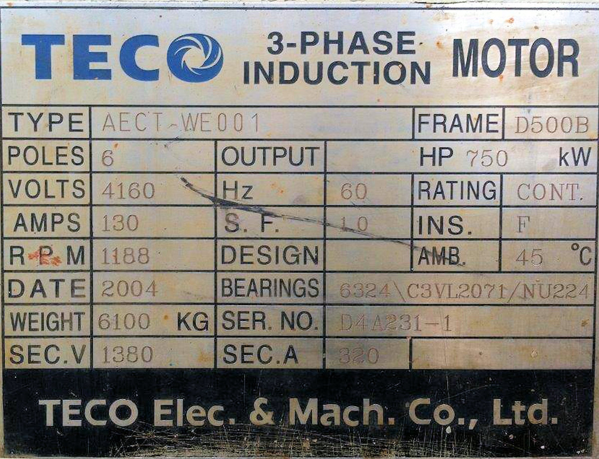 2 Units - Teco 750 Kw (1020 Hp) 3-phase Induction Motors, 1182 Rpm, 60 Hz)